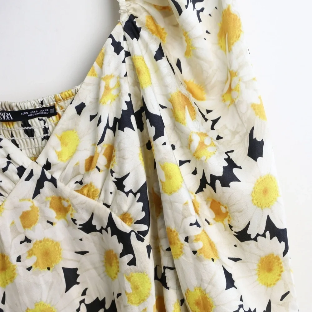 Zara floral daisy print top yellow blouse puff sleeve flowers spring summer S